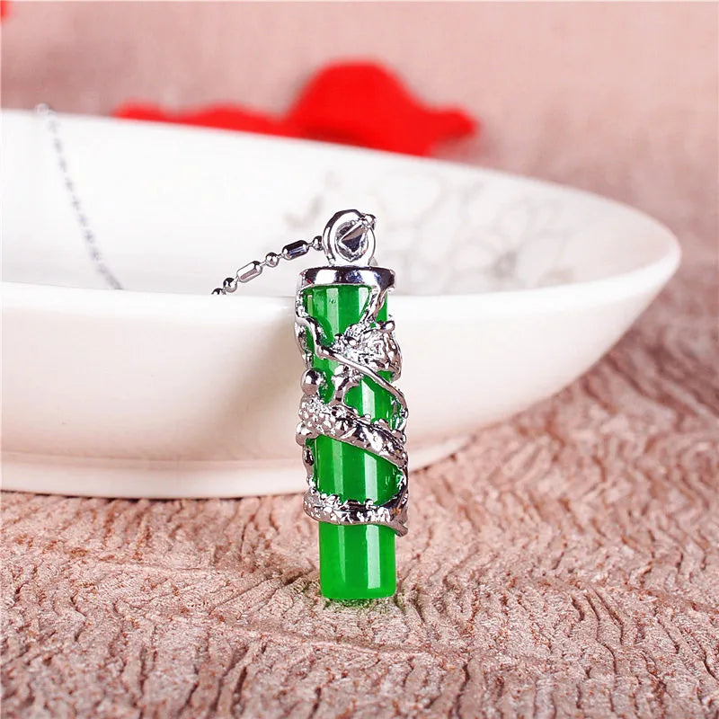 Green Jade Dragon Pillar Pendant Necklace 925 Silver Carved Charm