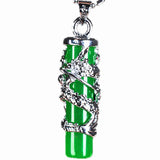 Green Jade Dragon Pillar Pendant Necklace 925 Silver Carved Charm