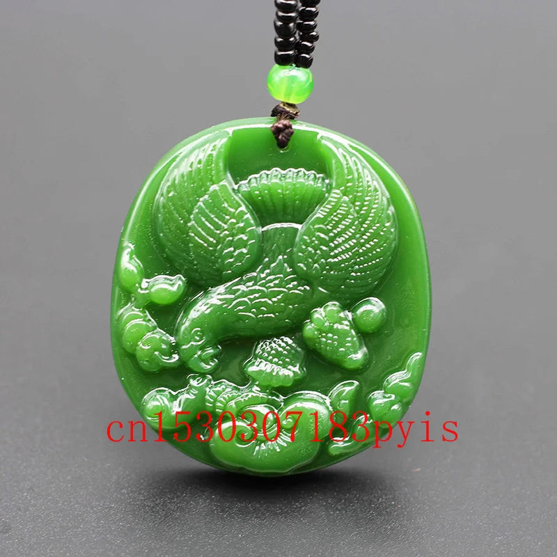 Green Jade Eagle Pendant Necklace Hand-Carved Charm Jadeite Amulet