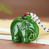 Green Jade Elephant Pendant Necklace Charm Hand-Carved Man Luck Amulet