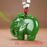 Green Jade Elephant Pendant Necklace Charm Hand-Carved Man Luck Amulet