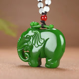 Green Jade Elephant Pendant Necklace Charm Hand-Carved Man Luck Amulet