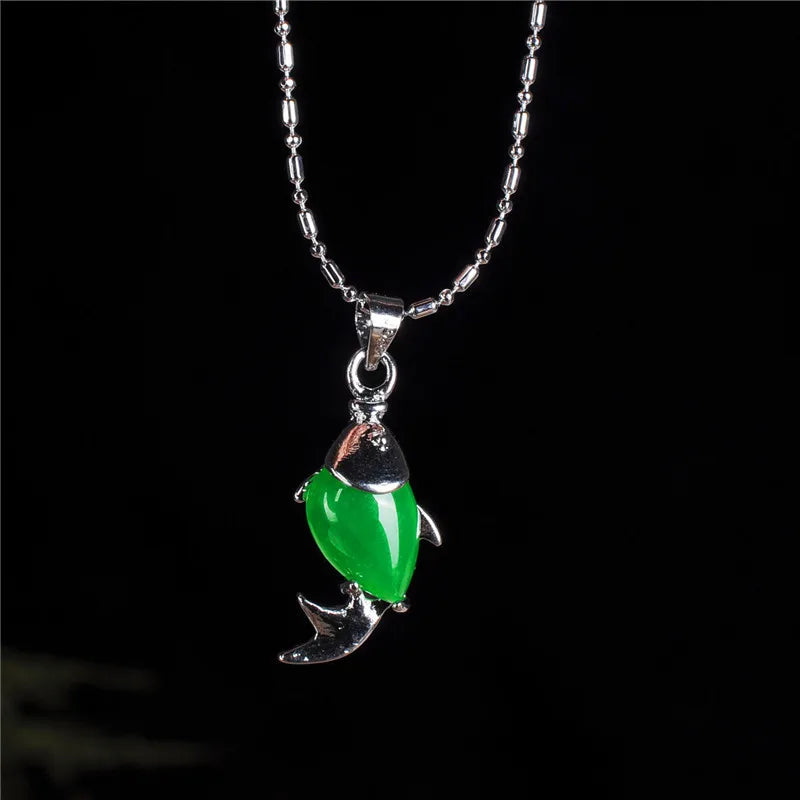 Green Jade Fish Pendant 925 Silver Necklace Chinese Charm Jewelry Lucky