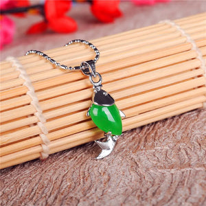 Green Jade Fish Pendant 925 Silver Necklace Chinese Charm Jewelry Lucky