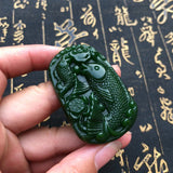Natural Green Jade Fish Pendant Necklace Hand-carved Charm Jadeite Jewelry