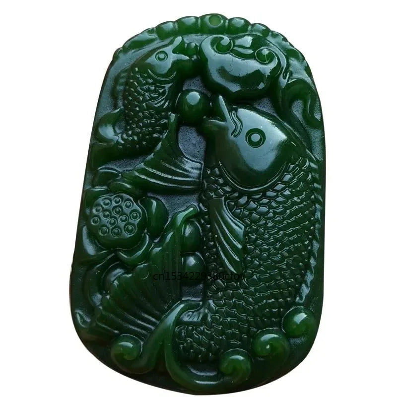 Natural Green Jade Fish Pendant Necklace Hand-carved Charm Jadeite Jewelry