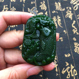 Natural Green Jade Fish Pendant Necklace Hand-carved Charm Jadeite Jewelry