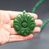 Hand-Carved Natural Green Jade Flower Pendant Necklace Beads Jewelry