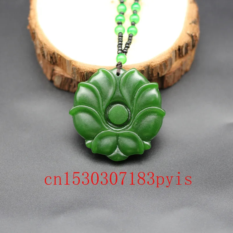 Hand-Carved Natural Green Jade Flower Pendant Necklace Beads Jewelry