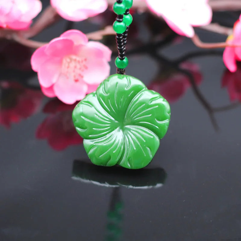 Green Jade Flower Pendant Necklace Hand-Carved Jadeite Charm Jewelry