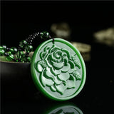 Green Jade Flower Pendant Necklace Hand-Carved Luck Amulet Sweater Chain