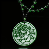 Green Jade Flower Pendant Necklace Hand-Carved Luck Amulet Sweater Chain