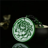 Green Jade Flower Pendant Necklace Hand-Carved Luck Amulet Sweater Chain