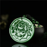 Green Jade Flower Pendant Necklace Hand-Carved Luck Amulet Sweater Chain