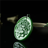 Green Jade Flower Pendant Necklace Hand-Carved Luck Amulet Sweater Chain