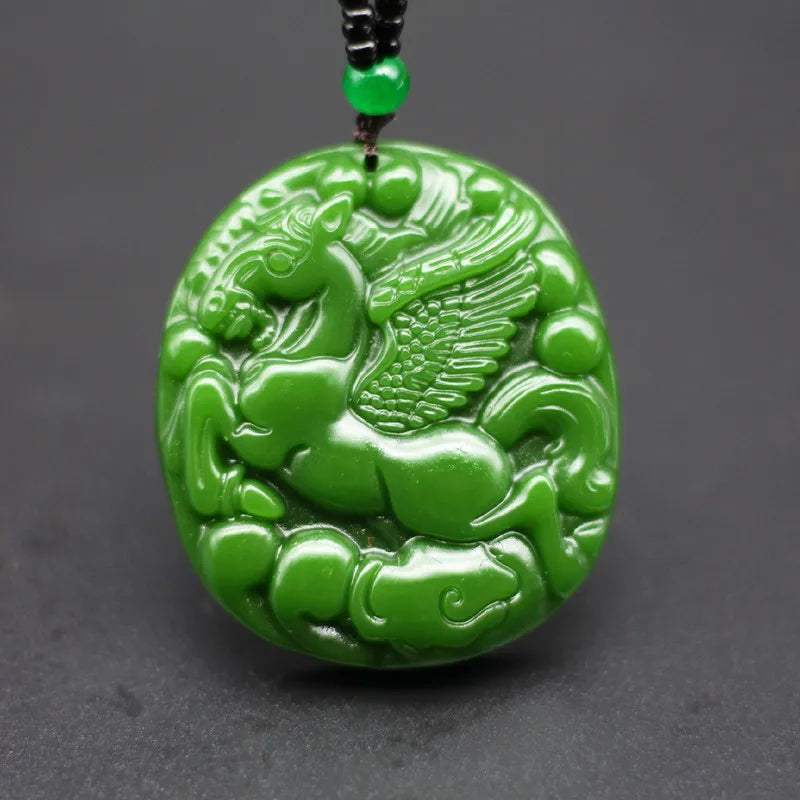 Natural Green Jade Fly Horse Pendant Necklace Chinese Charm Jewelry