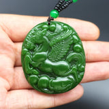 Natural Green Jade Fly Horse Pendant Necklace Chinese Charm Jewelry