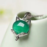 Green Jade Fox Pendant Necklace 925 Silver Jadeite Chalcedony Amulet Charm
