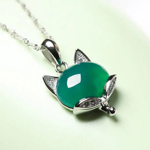 Green Jade Fox Pendant Necklace 925 Silver Jadeite Chalcedony Amulet Charm
