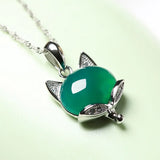 Green Jade Fox Pendant Necklace 925 Silver Jadeite Chalcedony Amulet Charm