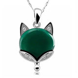 Green Jade Fox Pendant Necklace 925 Silver Jadeite Chalcedony Amulet Charm