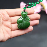 Green Jade Fox Pendant Necklace Chinese Hand-Carved Charm Jadeite Jewelry