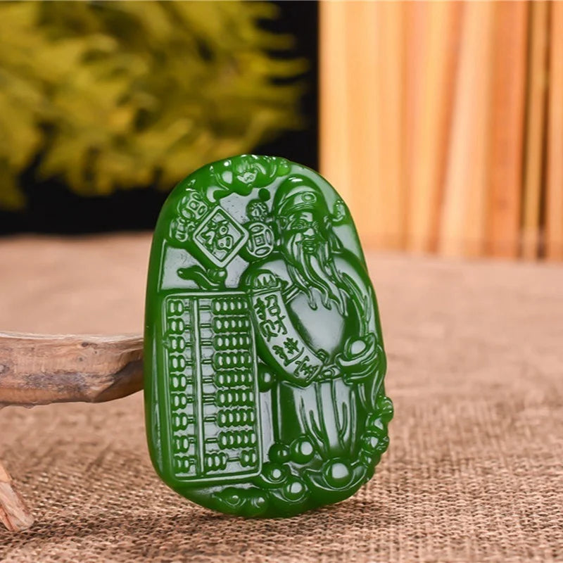 Green Jade God of Wealth Pendant Necklace Hand-Carved Jadeite Charm Jewelry