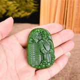 Green Jade God of Wealth Pendant Necklace Hand-Carved Jadeite Charm Jewelry
