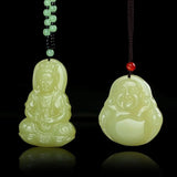 Green Jade Guanyin Buddha Pendant Necklace Luck Amulet