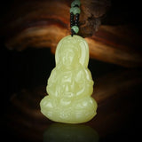 Green Jade Guanyin Buddha Pendant Necklace Luck Amulet