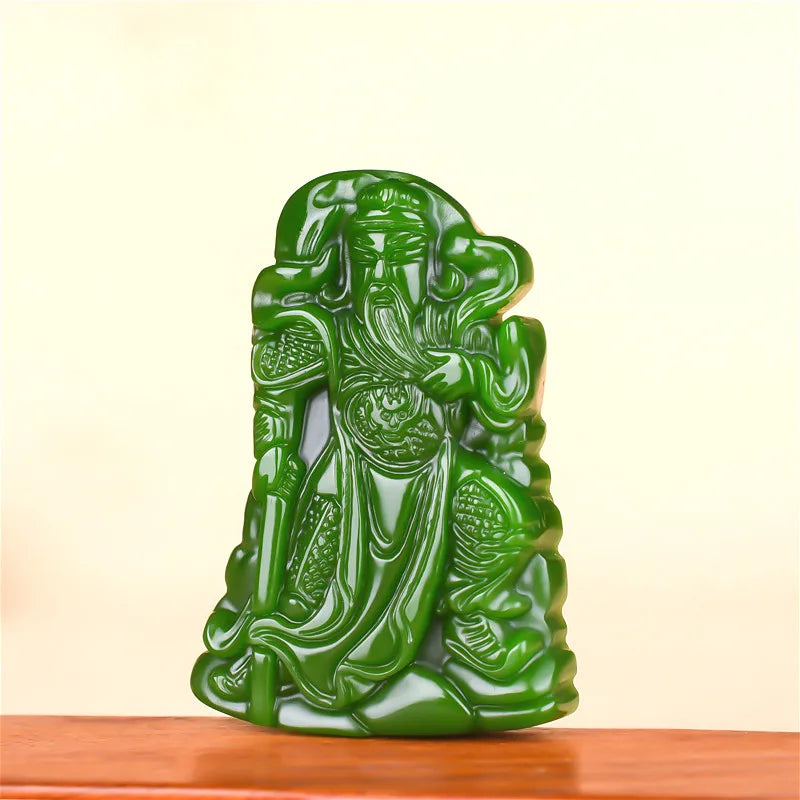 Green Jade Guanyu Pendant Necklace Chinese Hand-Carved Charm Jadeite Jewelry