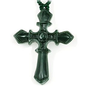 Green Jade Carved Christian Cross Necklace Pendant Mens Womens Gemstone Jewelry