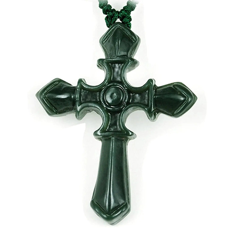 Green Jade Carved Christian Cross Necklace Pendant Mens Womens Gemstone Jewelry