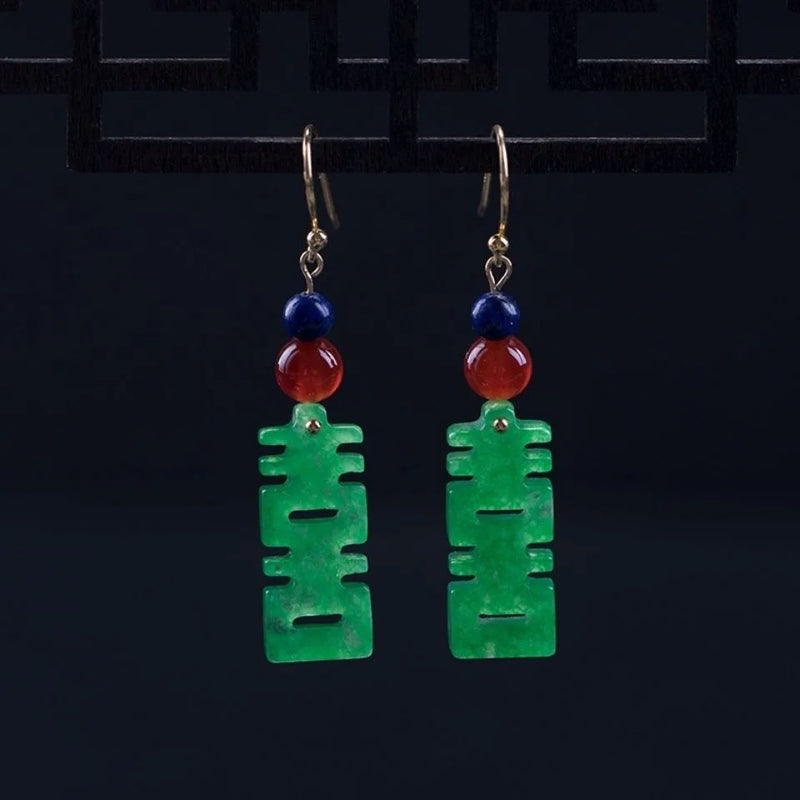 Green Jade Happiness Earrings Charm Jewellery Hand-Carved Luck Amulet