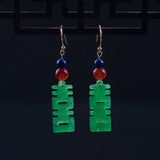 Green Jade Happiness Earrings Charm Jewellery Hand-Carved Luck Amulet