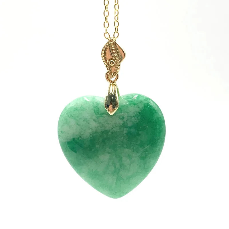 Green Jade Heart Pendant Necklace Chinese Charm Jadeite Lucky Amulet