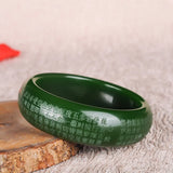 Green Jade Heart Sutra Bangle Bracelet Hand-Carved Charm Jewelry
