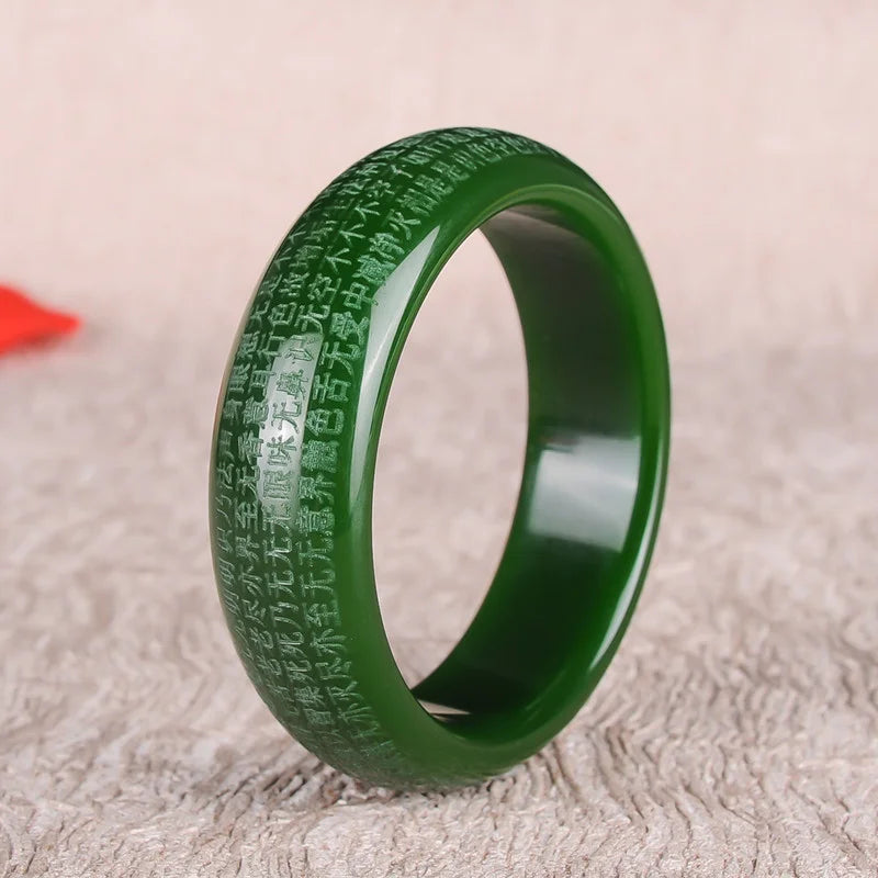 Green Jade Heart Sutra Bangle Bracelet Hand-Carved Charm Jewelry