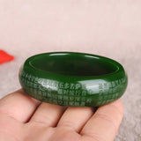 Green Jade Heart Sutra Bangle Bracelet Hand-Carved Charm Jewelry