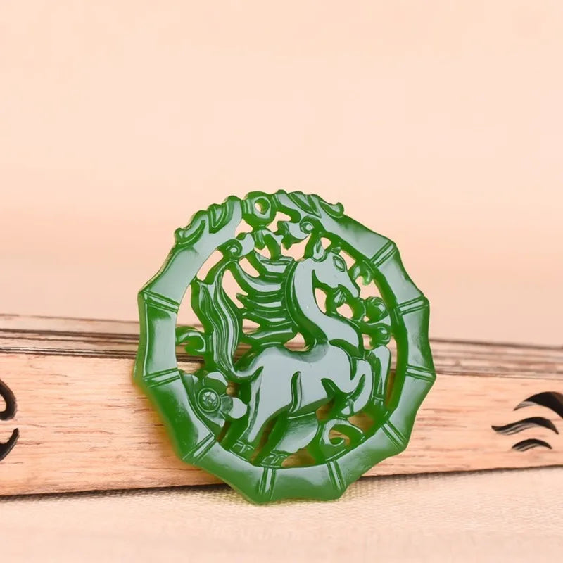 Natural Green Jade Horse Pendant Necklace Chinese Jewelry Double-Sided