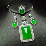 Green Jade Jewelry Set Myanmar Jadeite Zircon Pendant Necklace Earrings Ring
