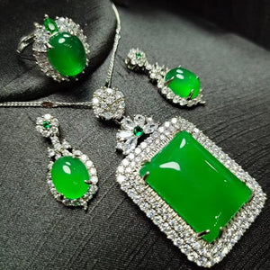 Green Jade Jewelry Set Myanmar Jadeite Zircon Pendant Necklace Earrings Ring