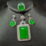 Green Jade Jewelry Set Myanmar Jadeite Zircon Pendant Necklace Earrings Ring