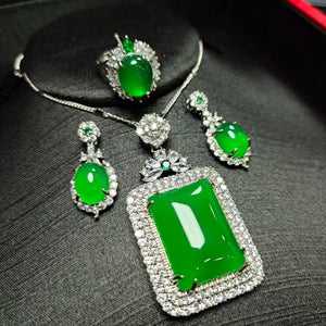 Green Jade Jewelry Set Myanmar Jadeite Zircon Pendant Necklace Earrings Ring
