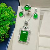 Green Jade Jewelry Set Myanmar Jadeite Zircon Pendant Necklace Earrings Ring