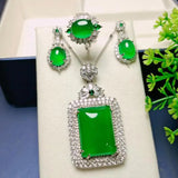 Green Jade Jewelry Set Myanmar Jadeite Zircon Pendant Necklace Earrings Ring
