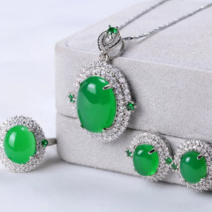 Green Jade Jewelry Set Chrysoprase Pendant Zircon Earrings Rings