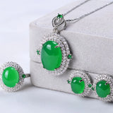 Green Jade Jewelry Set Chrysoprase Pendant Zircon Earrings Rings
