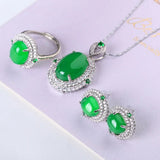 Green Jade Jewelry Set Chrysoprase Pendant Zircon Earrings Rings