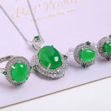 Green Jade Jewelry Set Chrysoprase Pendant Zircon Earrings Rings